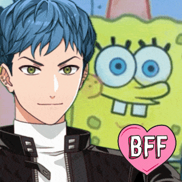 a man with blue hair is standing in front of a spongebob squarepants background