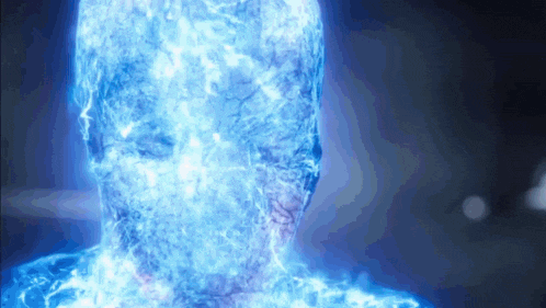 a close up of a person 's face with a blue light behind it