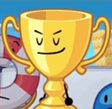 a cartoon trophy with a face on it is standing next to a life preserver .