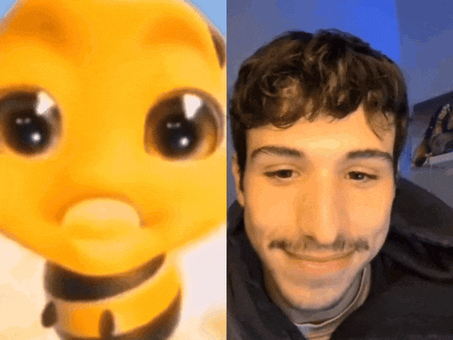 a close up of a bee and a close up of a man