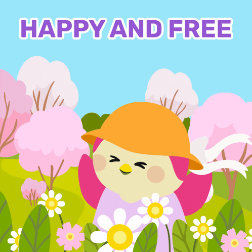 an illustration of a girl in a field with the words happy and free
