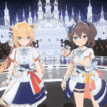 two anime girls standing in front of a castle