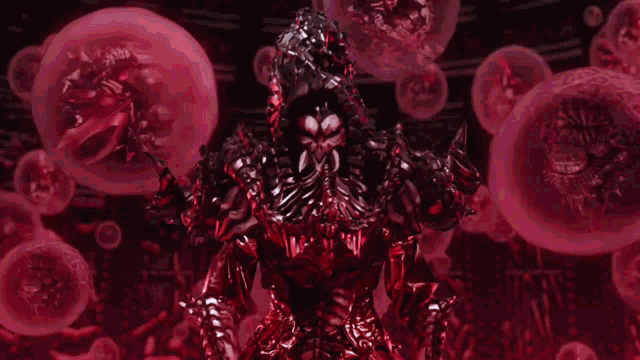 a computer generated image of a person surrounded by red bubbles and a red light .