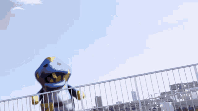 a cartoon character is jumping over a fence with a blue hat on