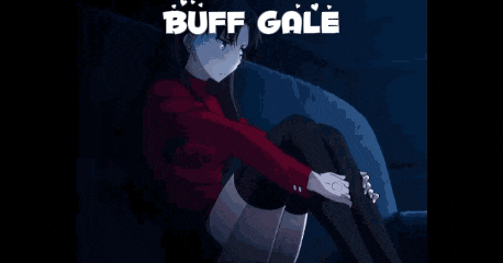 a girl in a red sweater is sitting on a couch with the words buff gale behind her