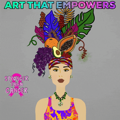 a woman with a bunch of fruit on her head and the words art that empowers