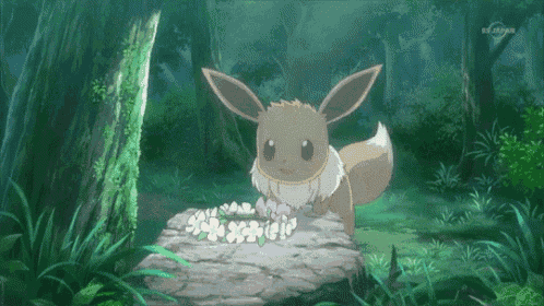 a cartoon eevee is sitting on a rock in the woods with flowers in its mouth .