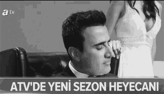 a black and white photo of a man and a woman with the caption atv de yeni sezon heyecani