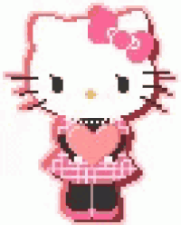 a pixel art of a hello kitty holding a heart surrounded by hearts .