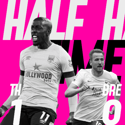 two soccer players on a pink background with the words half time written in white
