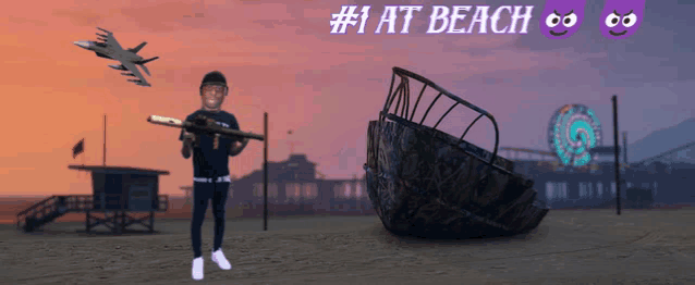 a man holding a gun on a beach with # 1 at beach written on it