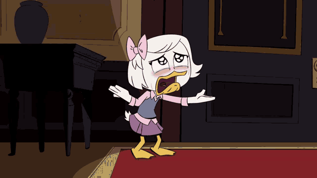 a cartoon of a girl with a bow on her head standing in front of a door