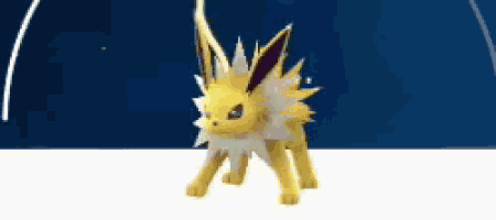 a yellow and white pokemon is standing on a blue background .