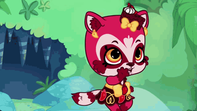 a cartoon drawing of a raccoon with a cake on her head
