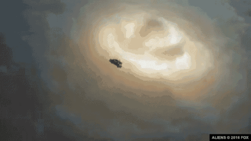 a picture of a space ship flying through a cloudy sky with the words aliens 2016 fox in the corner