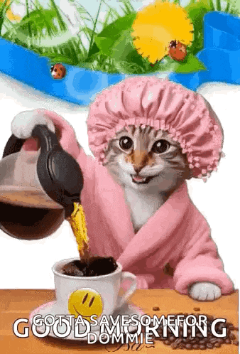 a cat is pouring coffee into a cup while wearing a bathrobe and shower cap .