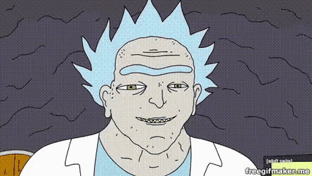 a cartoon of rick from rick and morty with a white coat and blue shirt