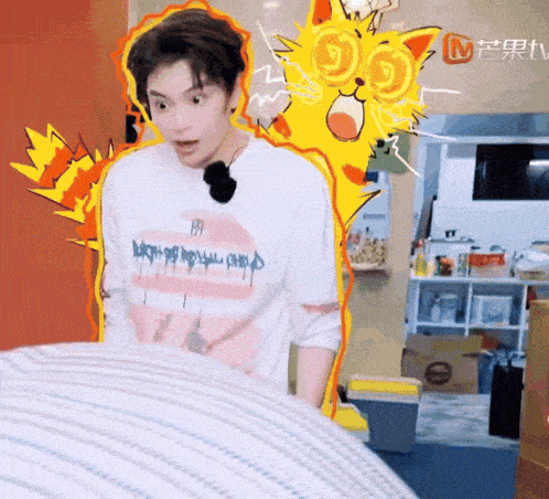 a man wearing a white t-shirt with a cartoon cat on it