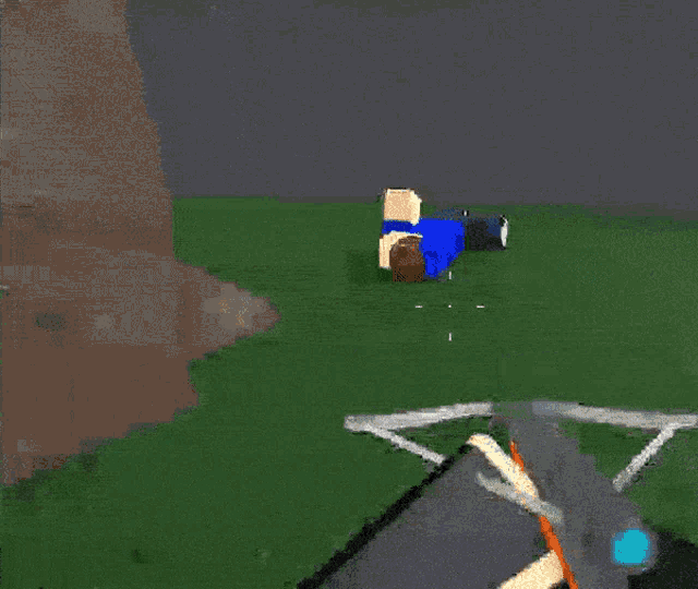 a cartoon character holding a crossbow in a field