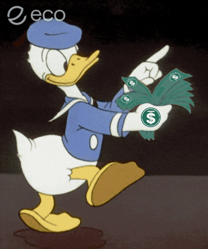 a cartoon of donald duck holding a bunch of money and pointing