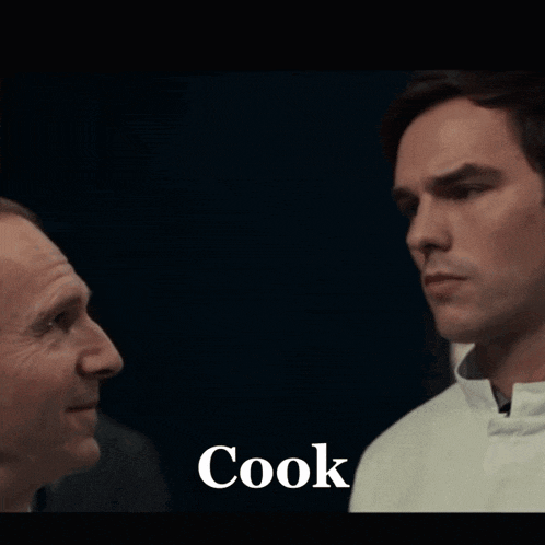 two men are looking at each other and the word cook is on the bottom