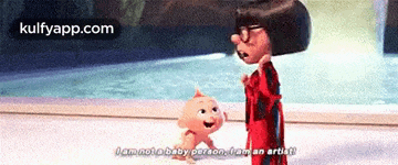 a cartoon character is standing next to a baby and talking to it .