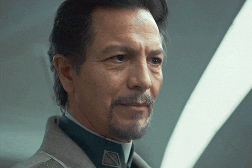 a man with a beard is wearing a collar with a silver triangle on it