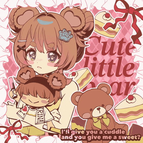 a poster with a girl and a teddy bear that says cute little bear on it