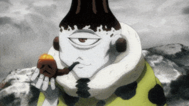 a cartoon character is smoking a pipe and holding a cookie in his hand