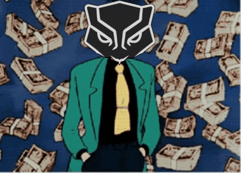 a man with a black panther mask stands in front of a pile of money