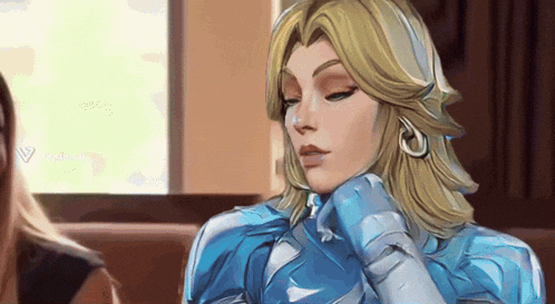 a painting of a woman in a blue and white suit with her eyes closed