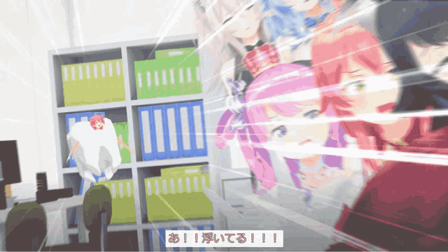 a group of anime characters standing in front of a shelf with binders