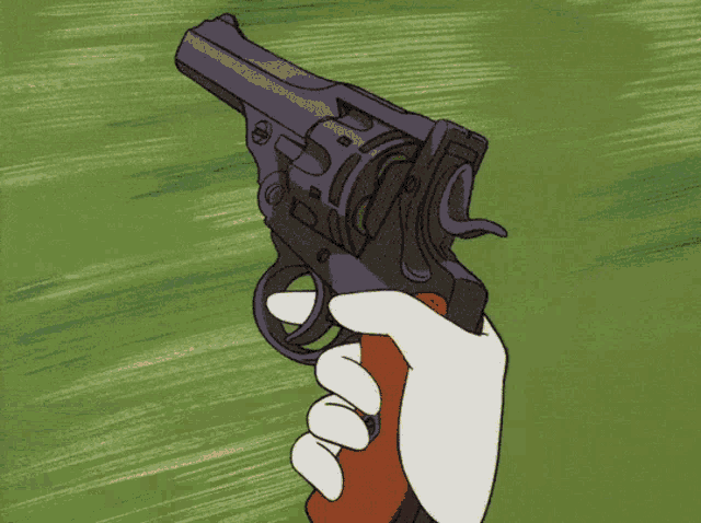 a cartoon drawing of a person holding a gun in their hand