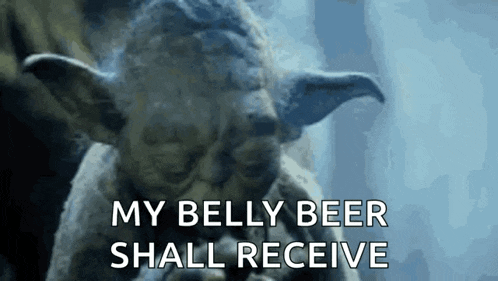a statue of yoda is smoking a pipe and says `` my belly beer shall receive '' .