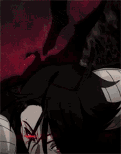 a close up of a person 's face with red eyes and black hair
