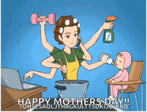 a cartoon of a woman holding a dumbbell while cooking and talking on a phone .