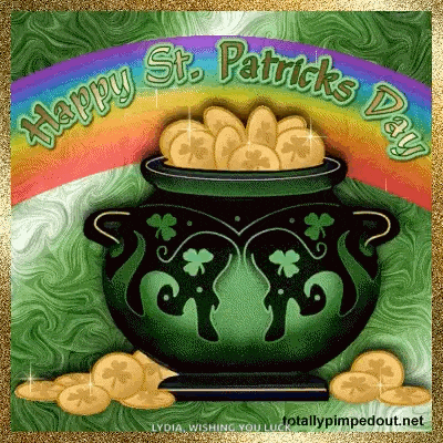 a pot of gold with a rainbow and the words happy st. patrick 's day on it