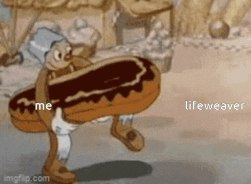 a cartoon of a man carrying a donut that says lifeweaver on the bottom