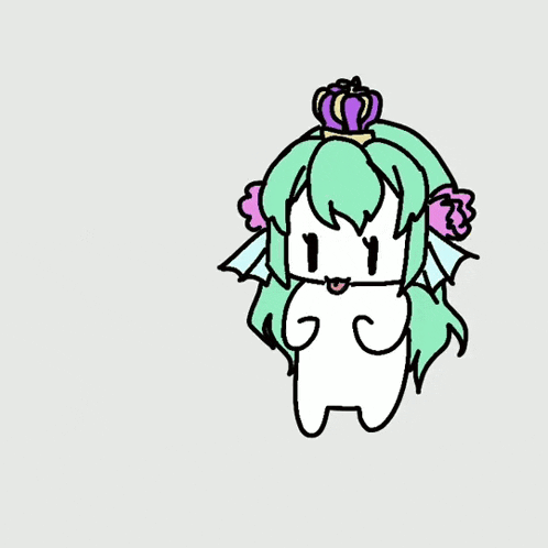 a hand pointing at a cartoon character with green hair and a crown on her head .