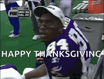 a football player with the number 44 on his jersey says happy thanksgiving .