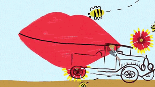 a drawing of a woman driving a car with a large red lip .