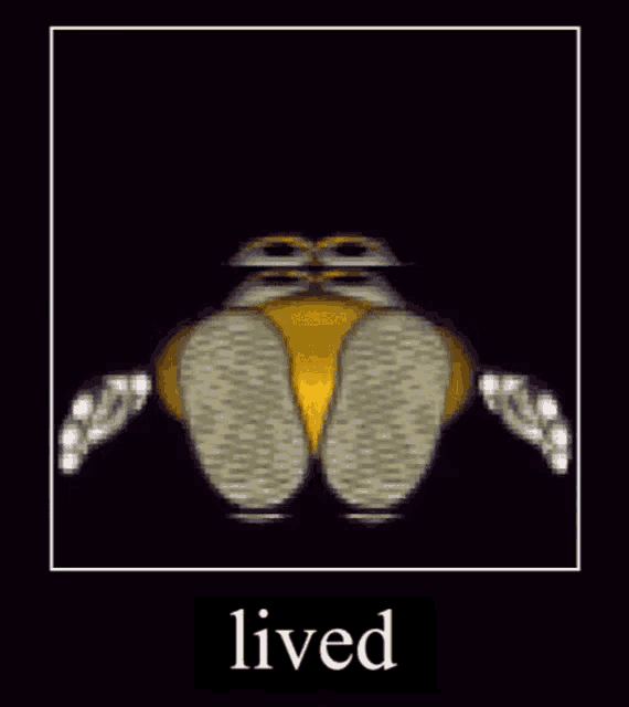 a cartoon smiley face with arms and legs and the words `` lived '' underneath it .