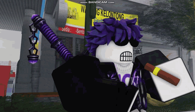 a cartoon character holding a sword and a cigarette in front of a building with a sign that says g kelontong