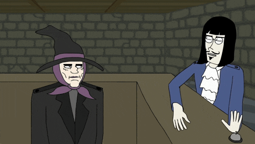 a cartoon of a witch and a man with the word din written on the bottom
