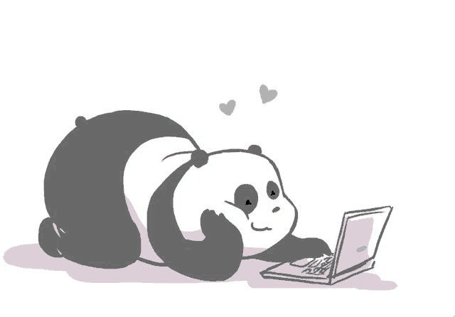 a panda bear is laying on the floor looking at a laptop screen