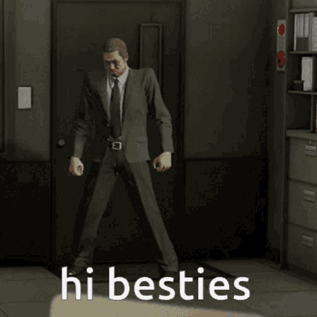 a man in a suit and a woman in a dress are standing in front of a door with the words hi besties written below them