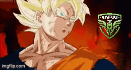 a close up of a cartoon character with a logo in the background