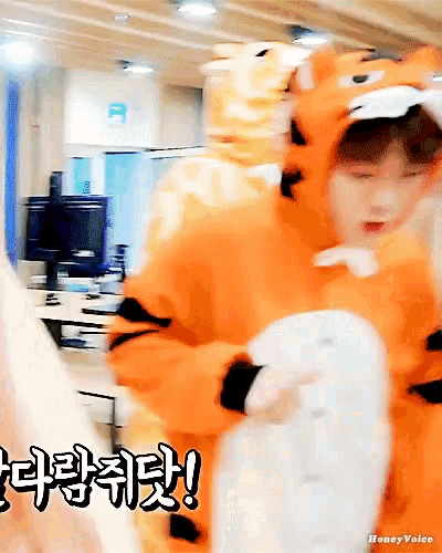 a person in a tiger costume holds a white pillow
