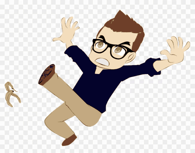 a cartoon of a man with glasses falling on a banana peel