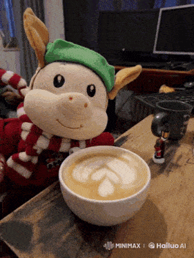 a stuffed animal is sitting next to a cup of coffee with a heart design on it